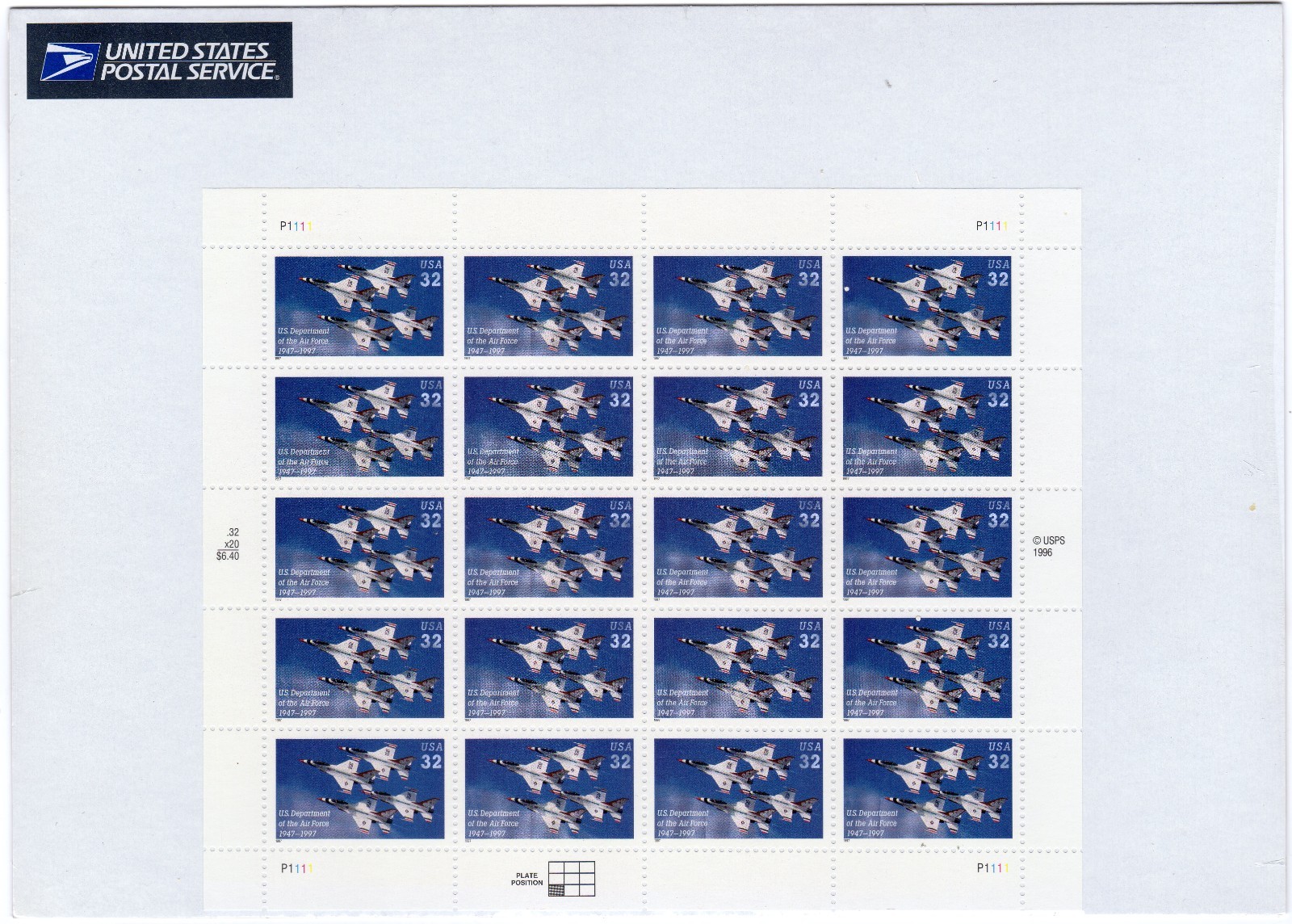 Scott #3167 Air Force 50th Anniversary Full Sheet of 20 Stamps - Sealed White