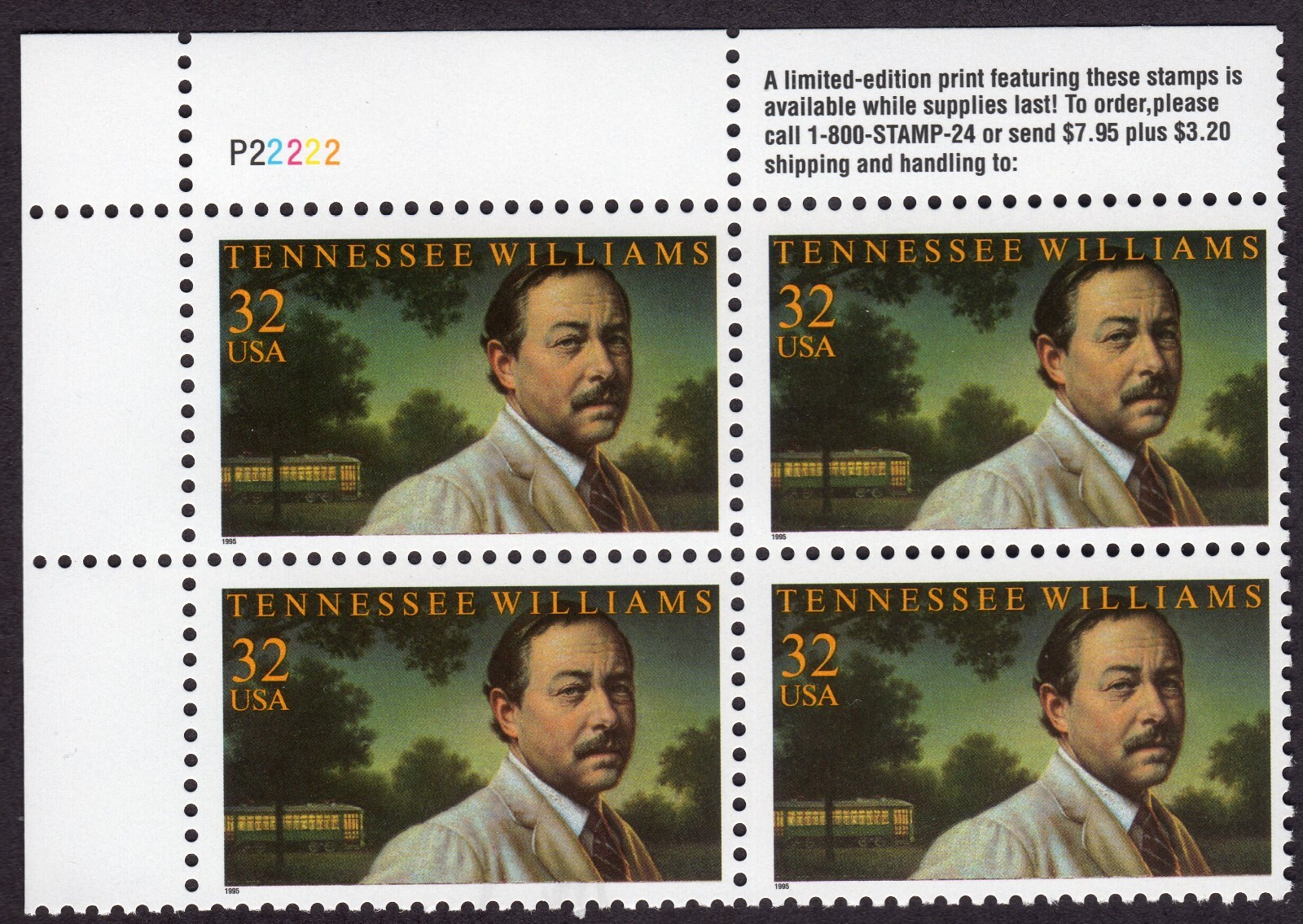 Scott #3002 Tennessee Williams Plate Block of 4 Stamps - MNH