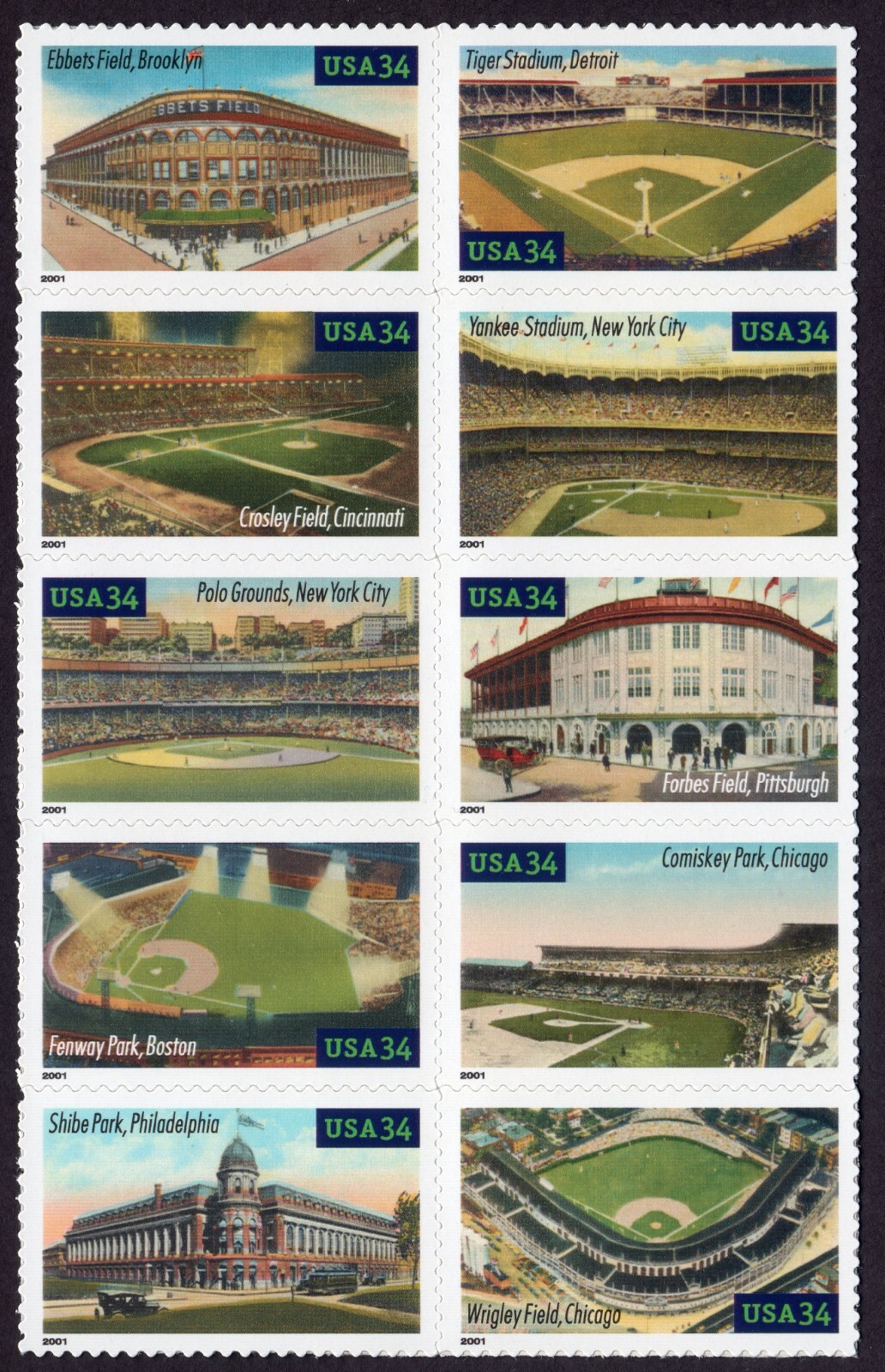 Scott #3510-3519 Legendary Baseball Fields Block of 10 Stamps - MNH