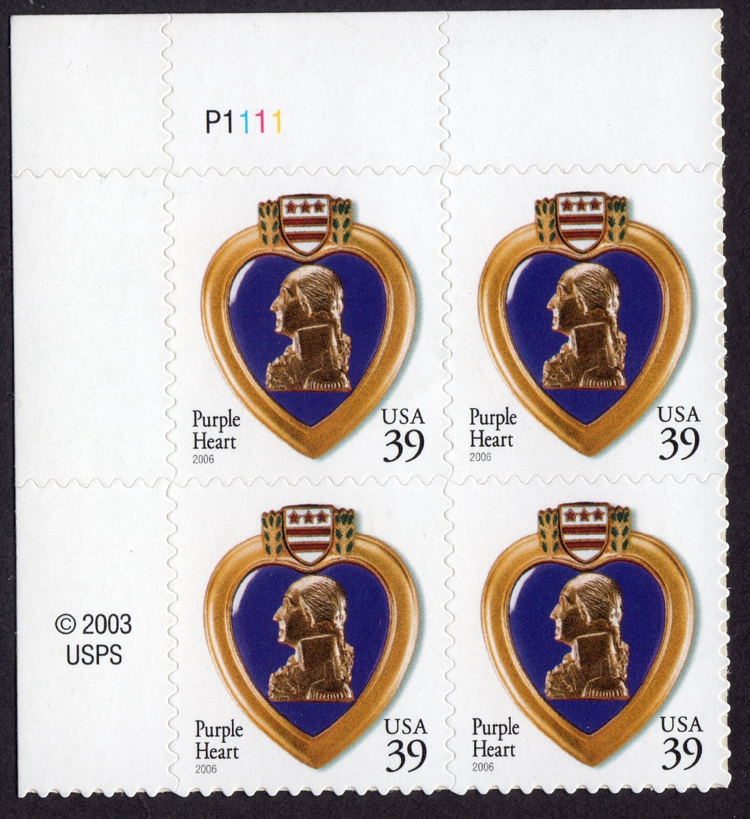 Scott #4032 Purple Heart Veterans Plate Block of 4 Stamps - MNH