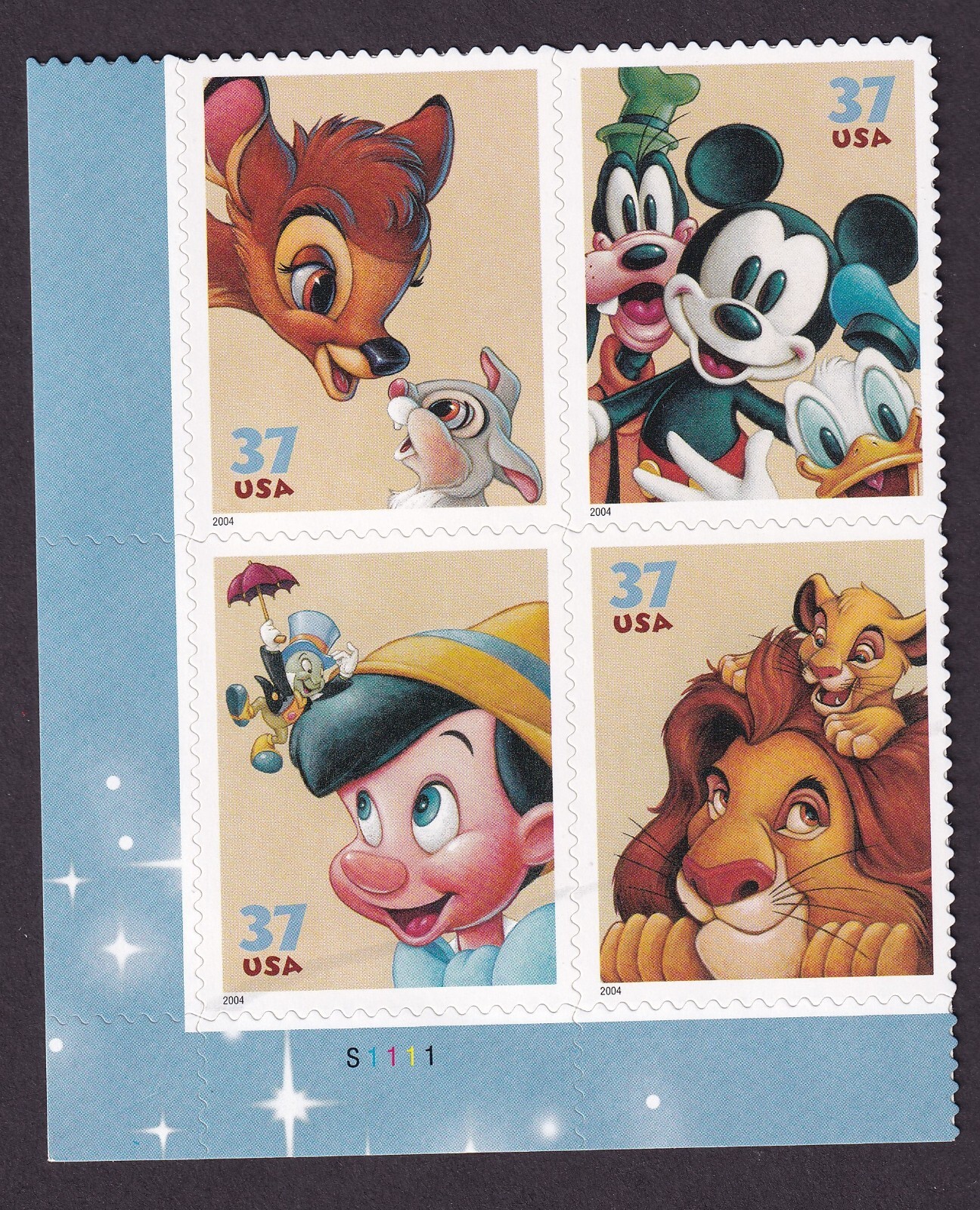 Scott #3868a (3865-68) Disney Friendship Plate Block of 4 Stamps MNH P#S1111 LL