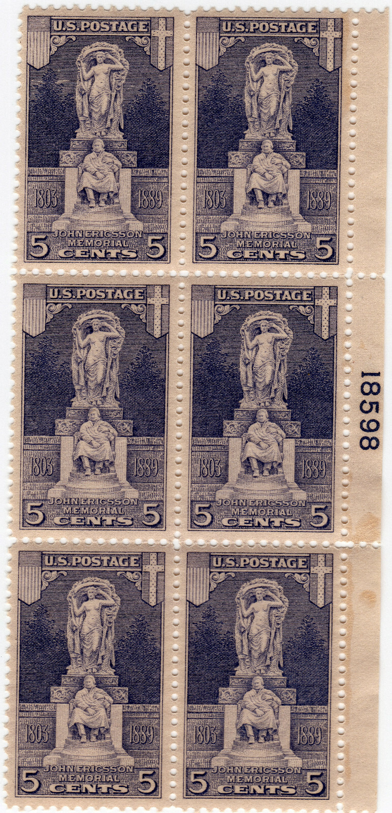 Scott #628 John Ericsson Plate Block of 6 Stamps - MNH P#18598 XF