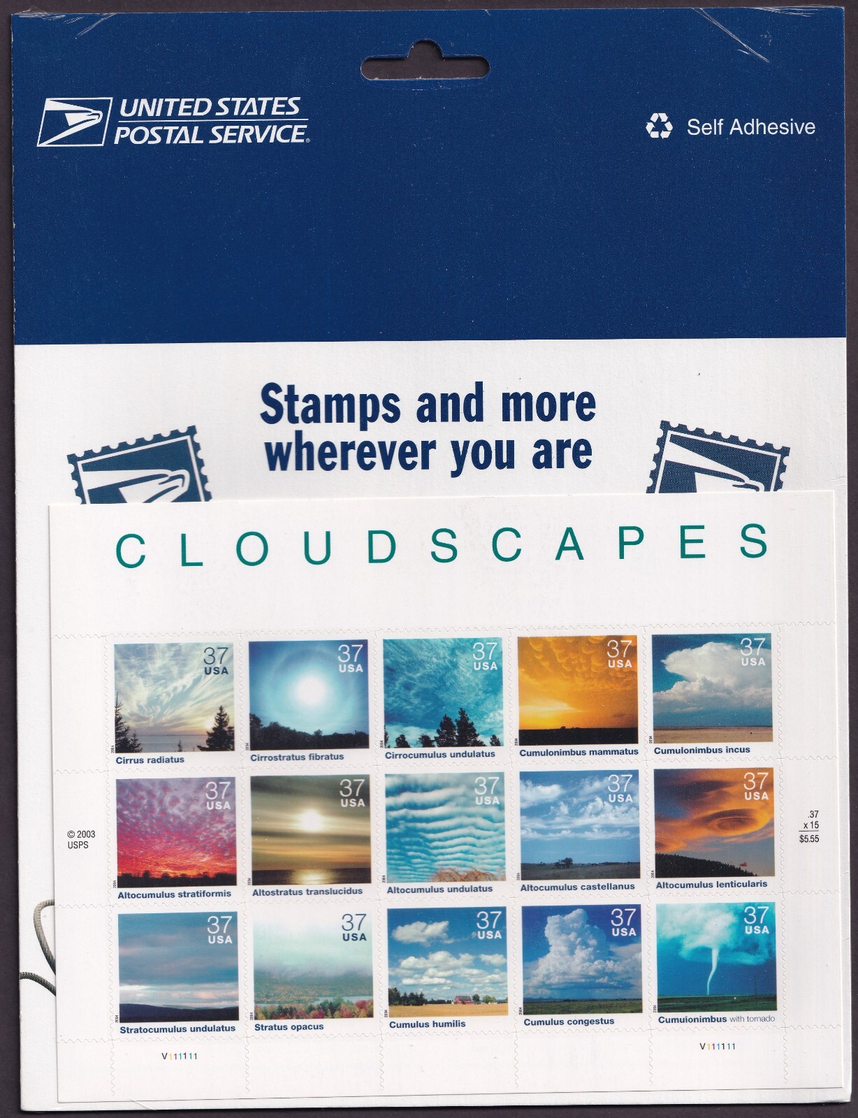 Scott #3878 Cloudscapes Sheet of 15 Stamps - Sealed Blue