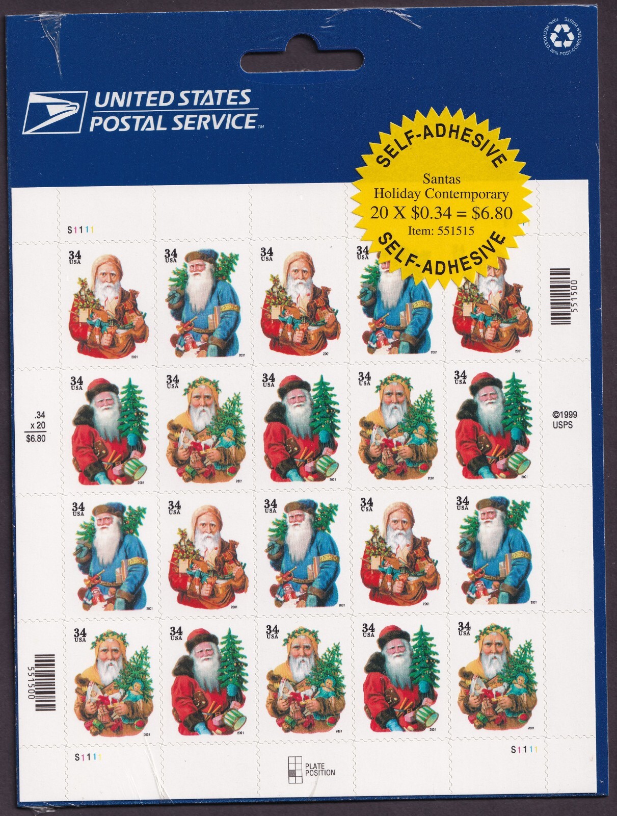 Scott #3540b Santa Claus and Tree Sheet Of 20 Stamps - Sealed