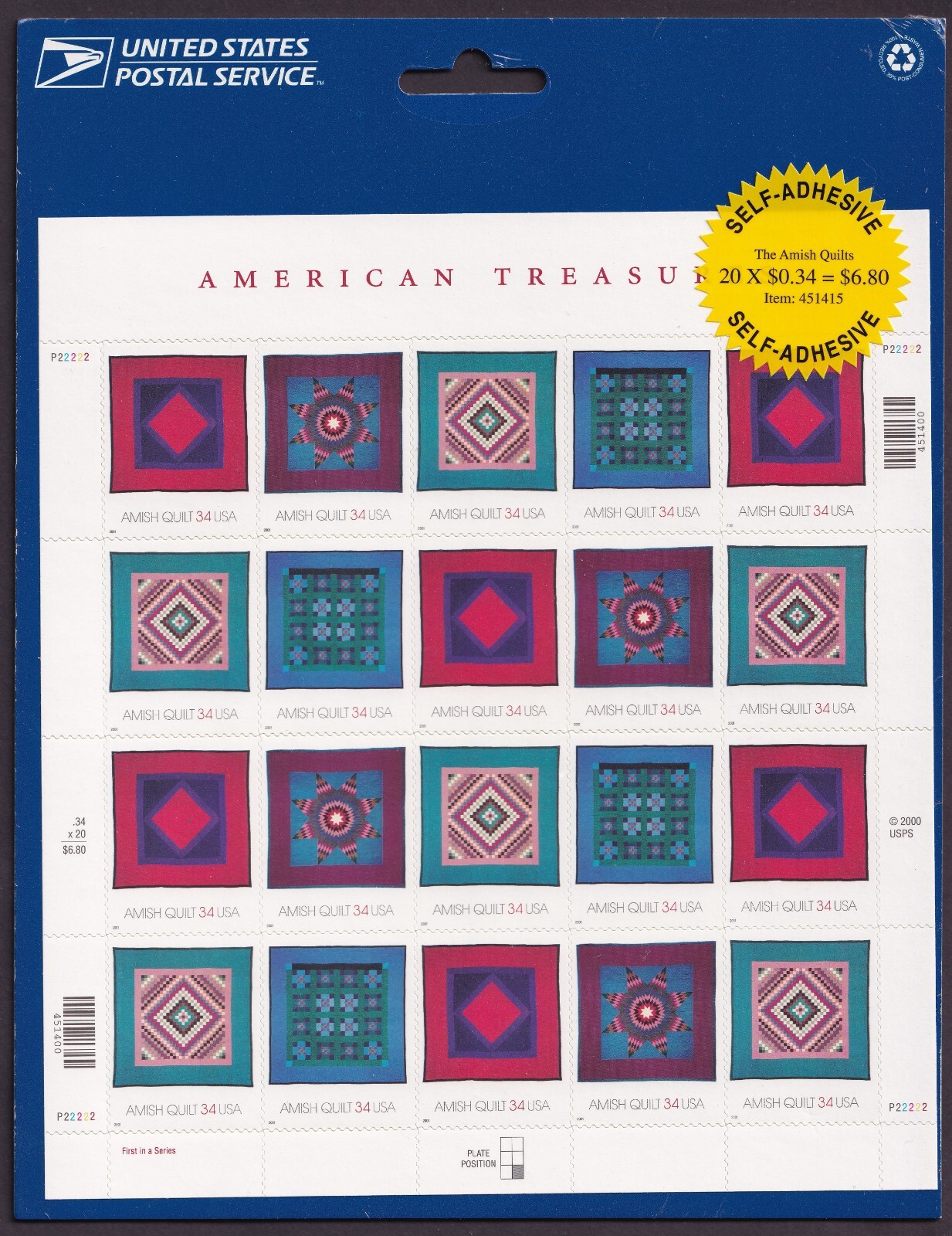Scott #3527a (3524-3527) Amish Quilts Sheet of 20 Stamps - Sealed Blue
