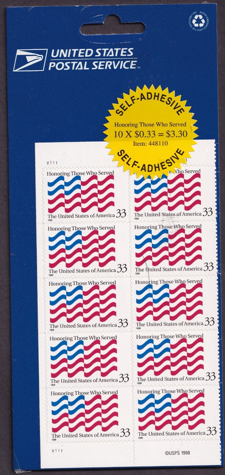Scott #3331 Honoring Those Who Served Plate Block of 10 Stamps - Sealed Blue