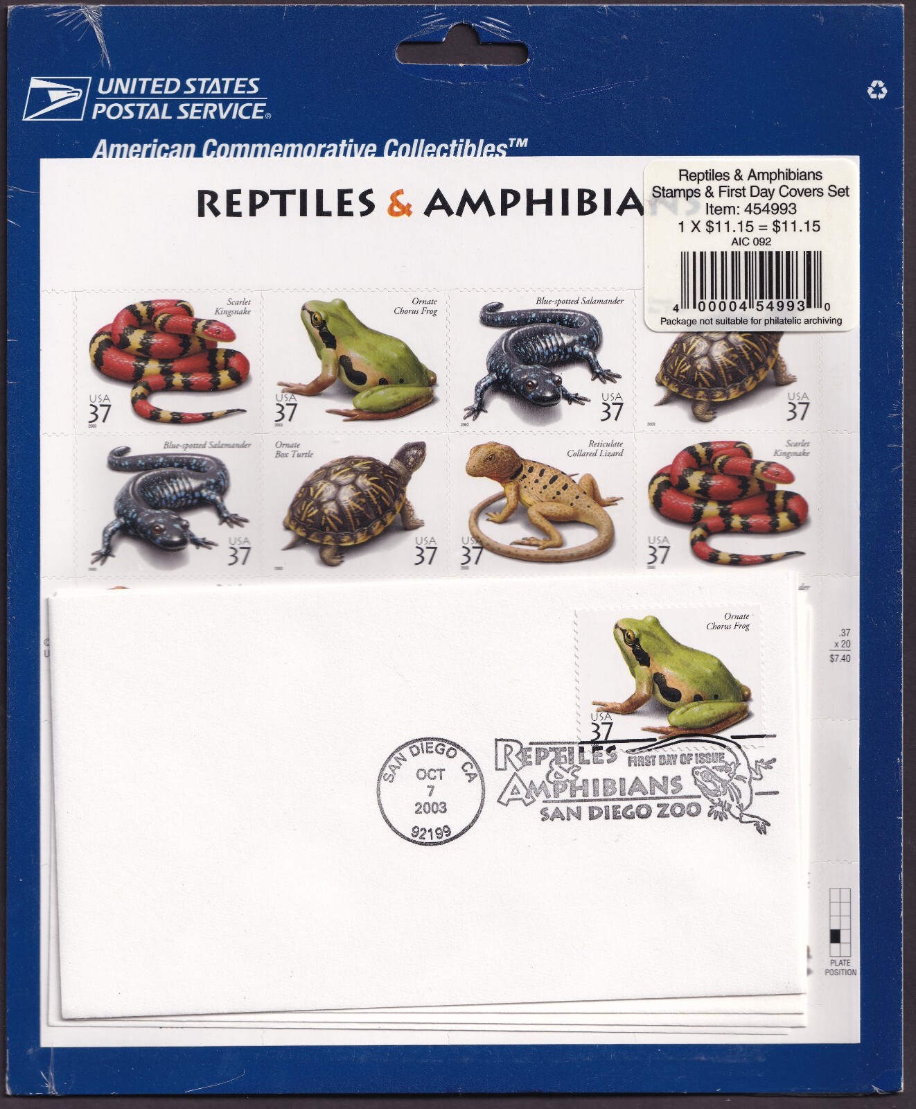 Scott #3818a Reptiles and Amphibians Sheet of 20 Stamps w/FDC - Sealed Blue