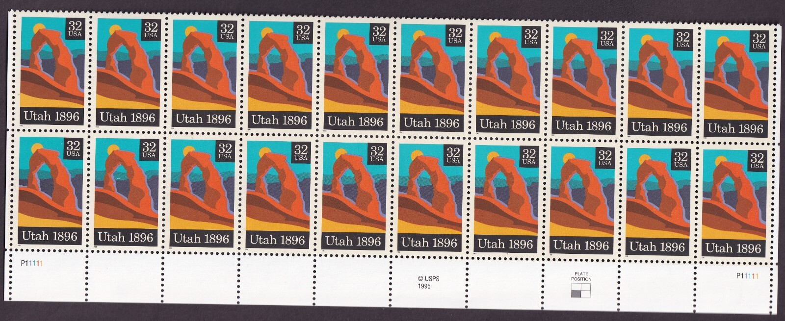 Scott #3024 Utah Plate Block of 20 Stamps - MNH P#P11111 Bottom LL