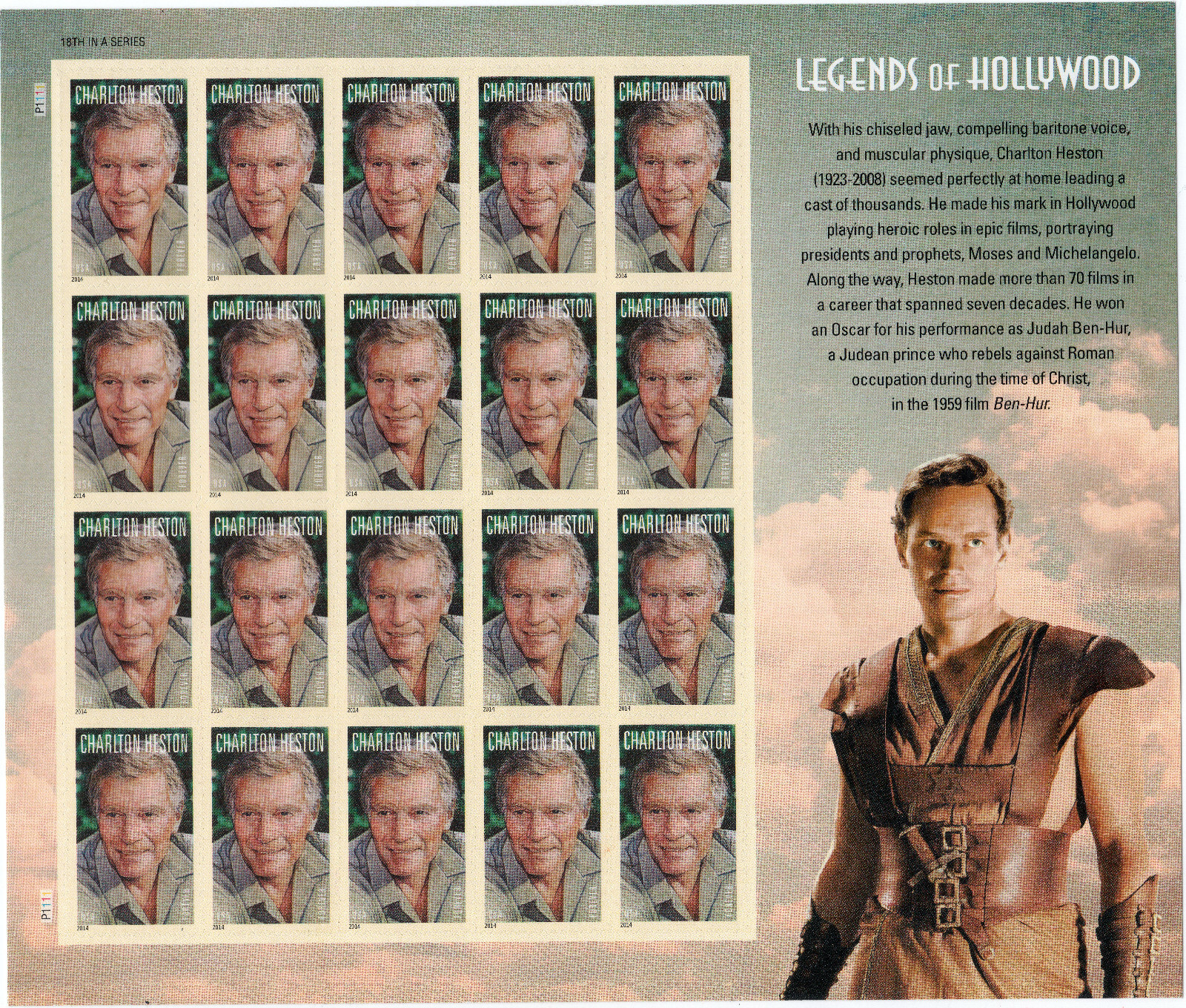 Scott #4892 Charlton Heston (Ben-Hur, Moses) Sheet of 20 Stamps - MNH