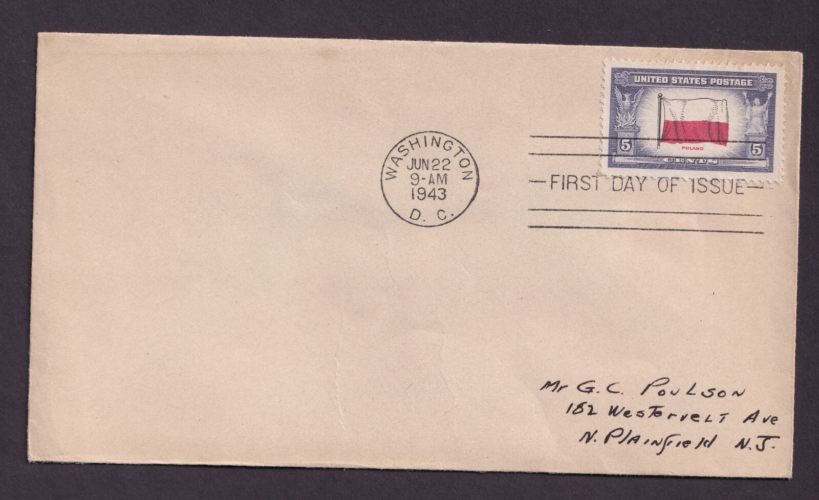 Scott #909 Poland Washington DC 06-22-1943 FDC