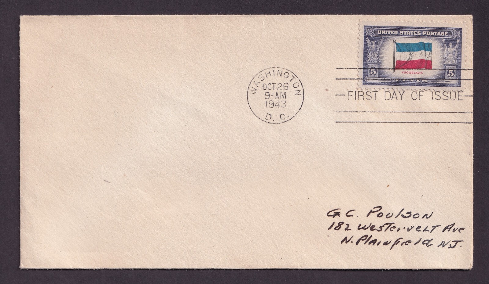 Scott #917 Yugoslavia Washington DC 10-26-1943 FDC