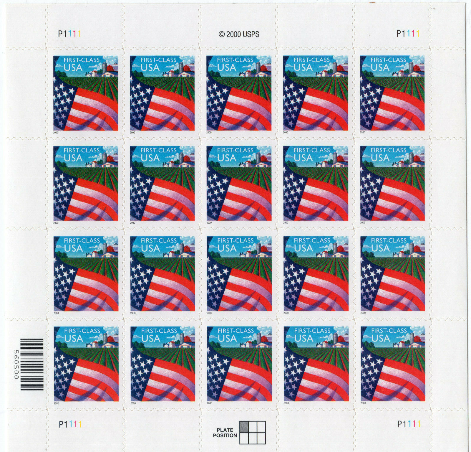 SCOTT #3449 Flag over Farm Complete Sheet of 20 Stamps - MNH
