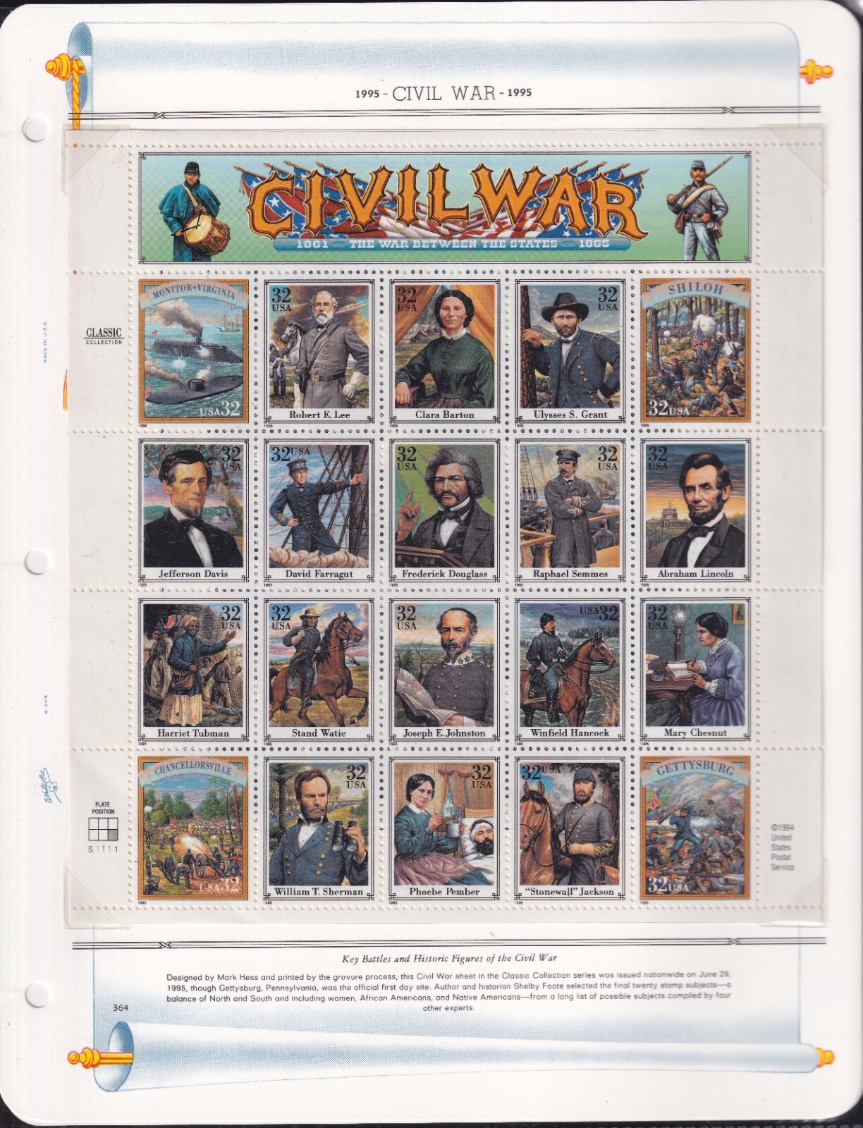 Scott #2975a Civil War (1861-1865) 4 White Ace Pages - Sheet & Singles