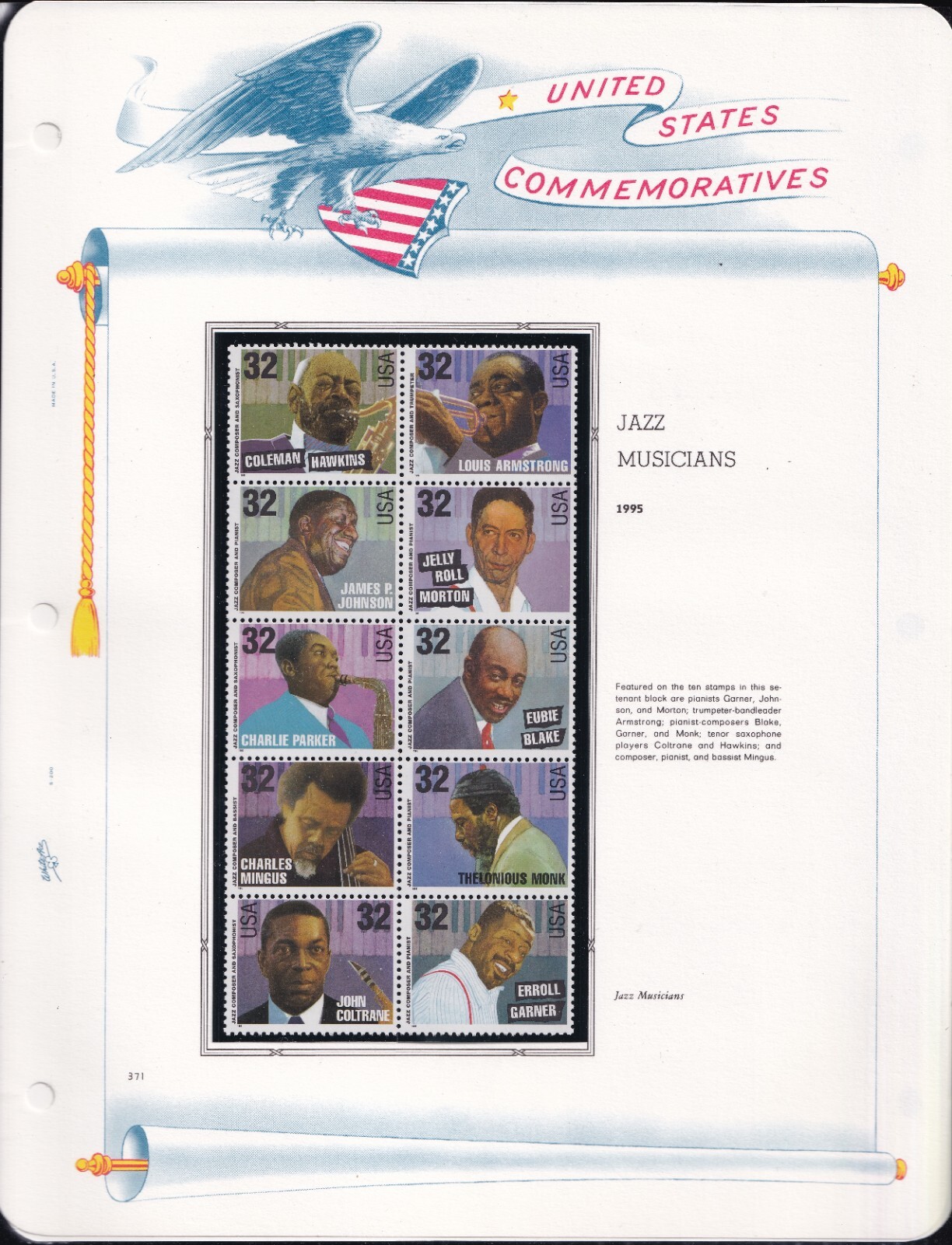 Scott #2992a-2997a Jazz Musicians Garden Flowers 3 White Ace Pages