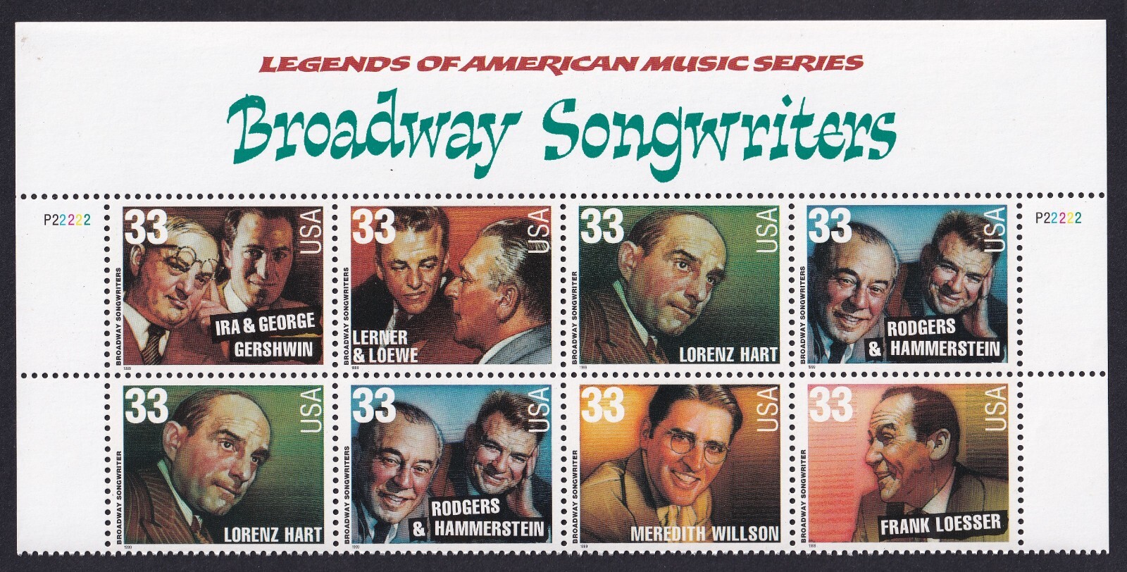 Scott #3350a Broadway Songwriters Title Block of 8 Stamps - MNH