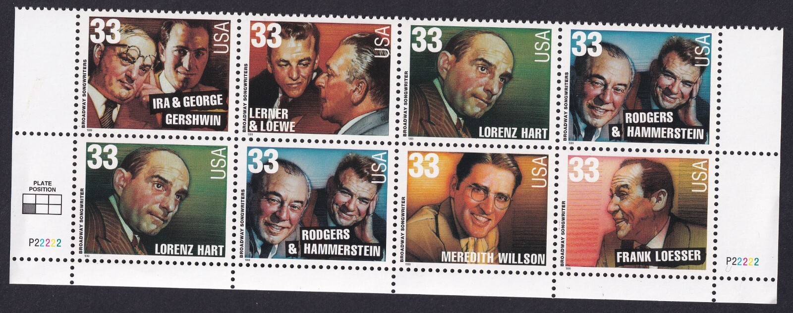 Scott #3350a Broadway Songwriters Plate Block of 8 Stamps - MNH Bottom
