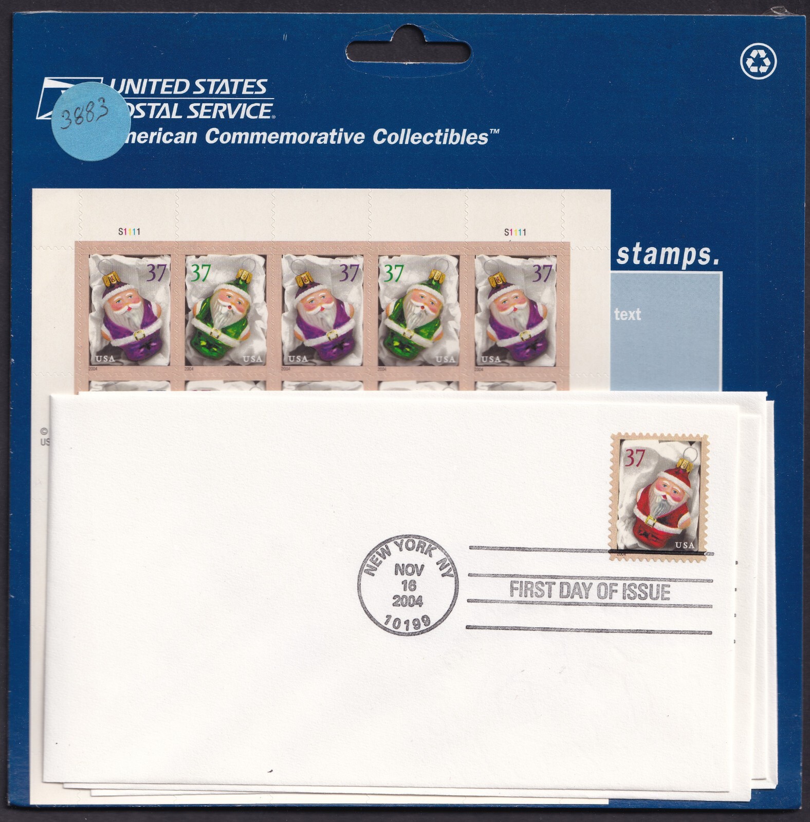 Scott #3886A Christmas Ornaments (Santa) Sheet Of 20 Stamps w/FDC - Sealed Blue