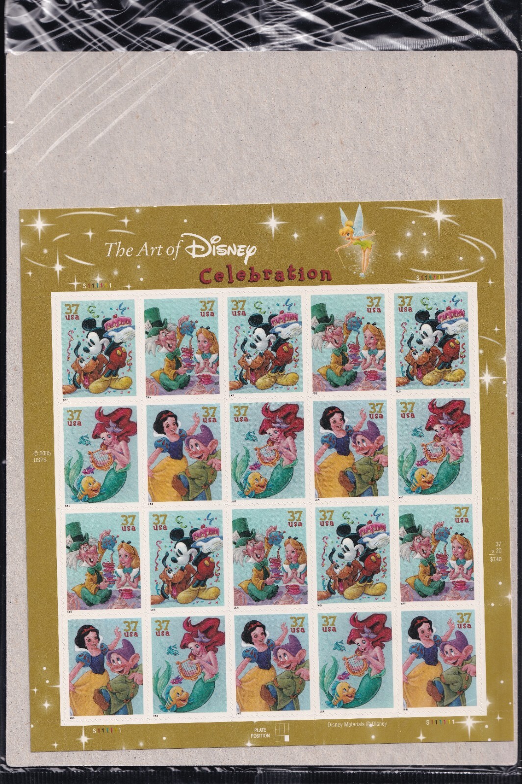 Scott #3915a (3912-3915) Disney Celebration Sheet of 20 Stamps - Sealed Brown
