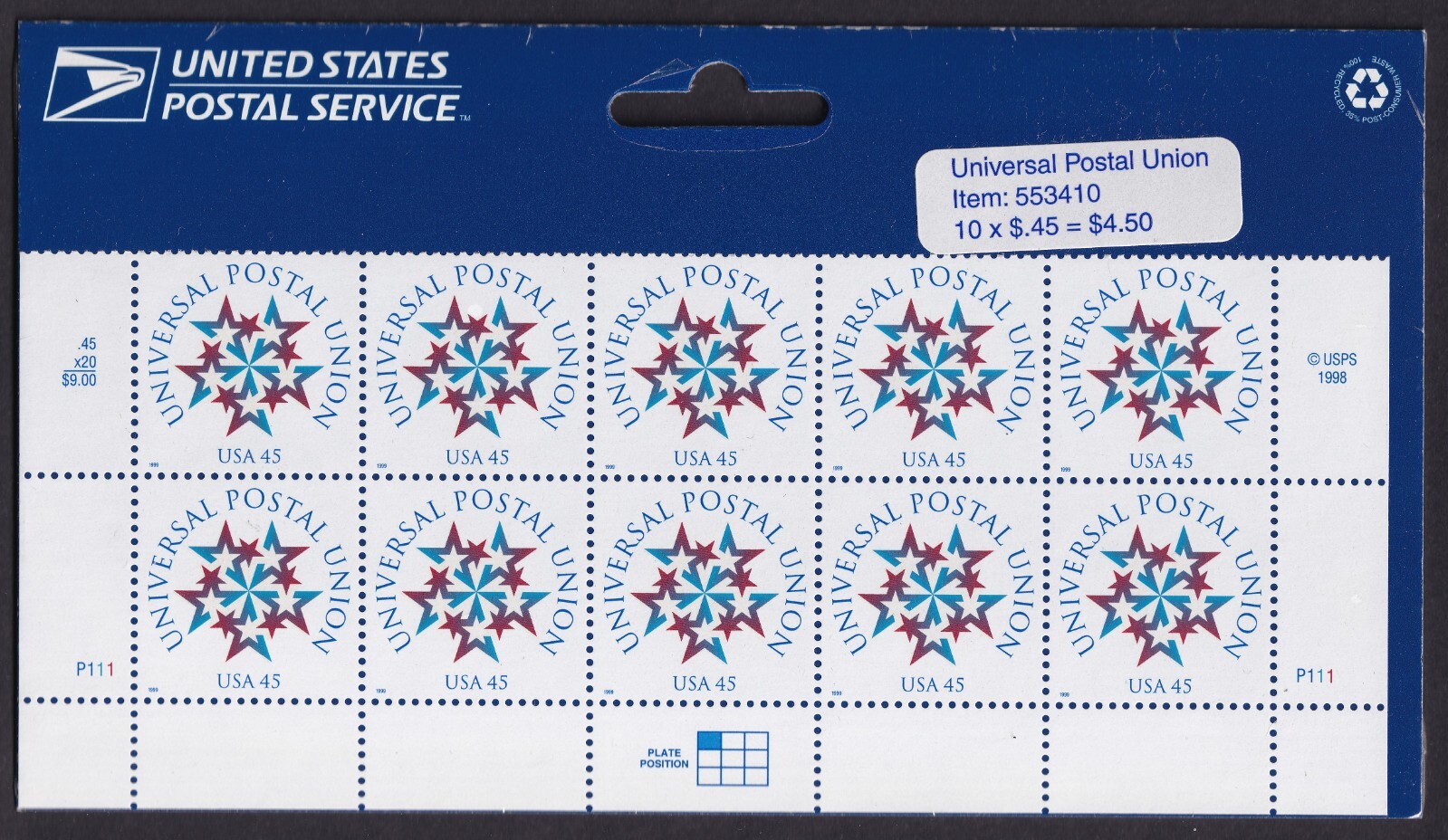 Scott #3332 Universal Postal Union Plate Block of 10 Stamps - Sealed