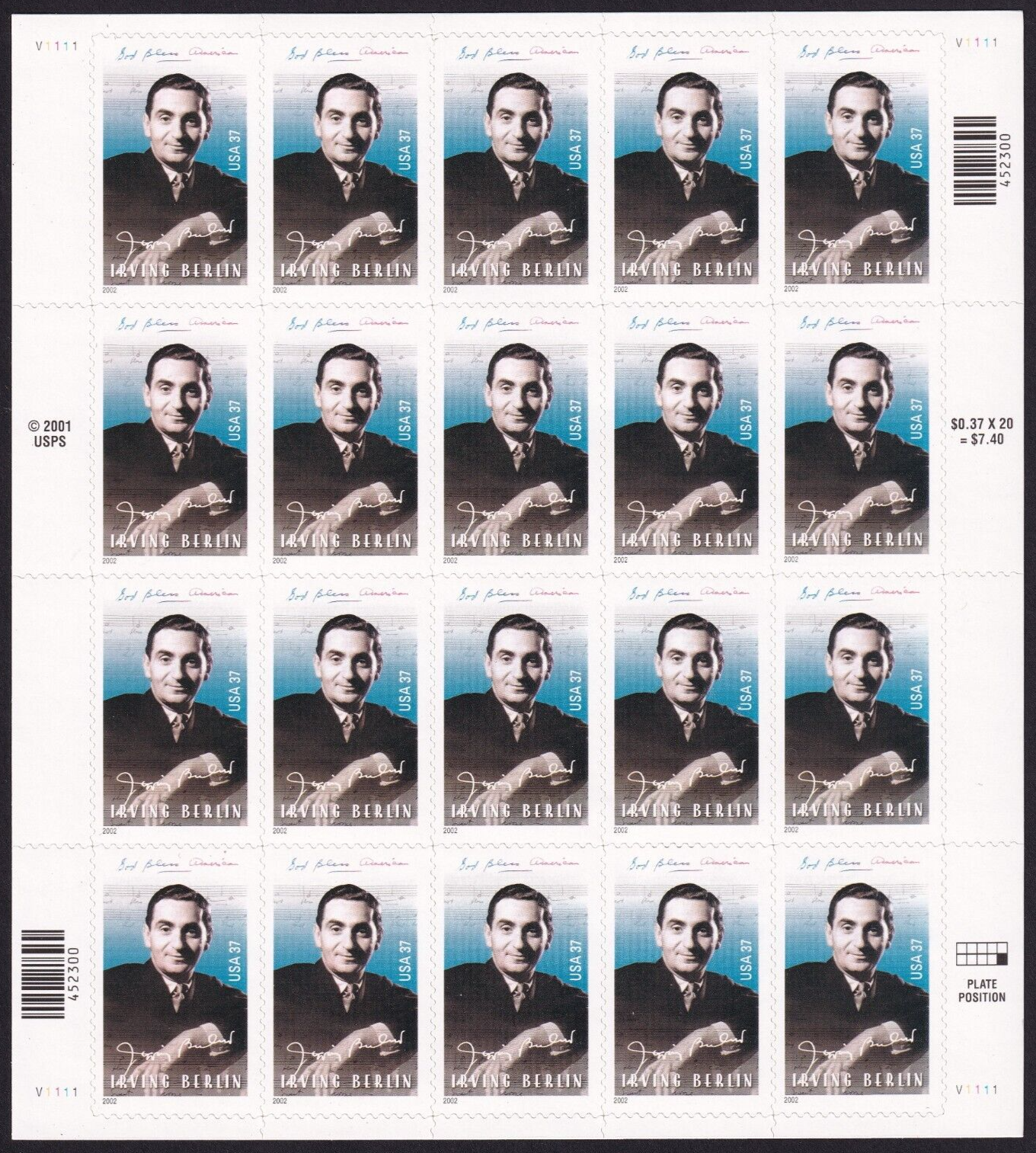 Scott #3669 Irving Berlin (God Bless America) Full Sheet of 20 Stamps - MNH