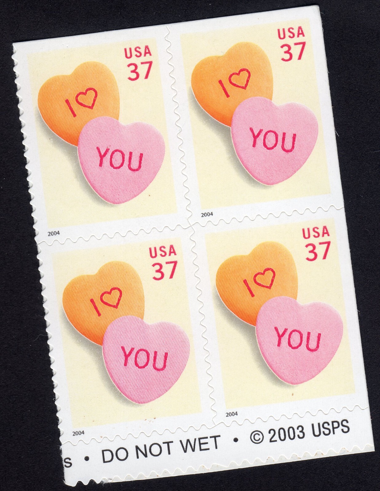 Scott #3833 37¢ Candy Hearts Block of 4 Stamps - MNH