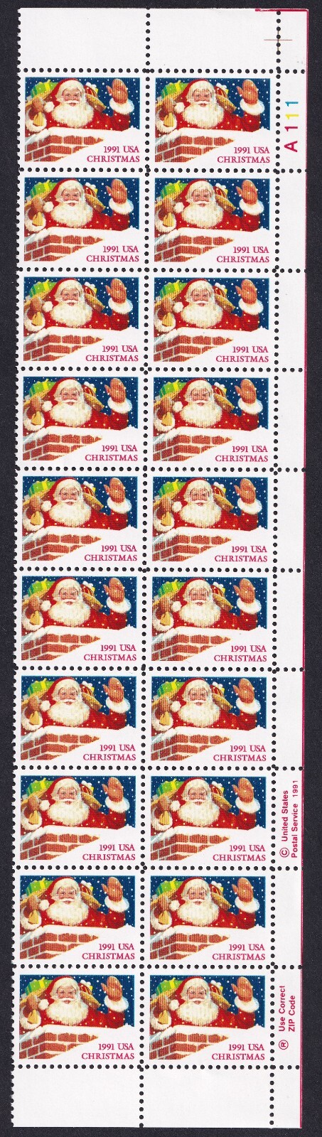 Scott #2579 Christmas Santa in Chimney Plate Block of 20 Stamps - MNH