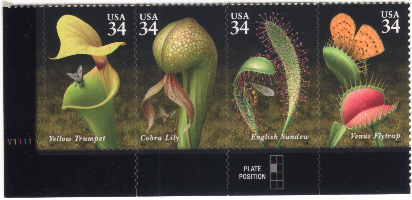 Scott #3531a (3528-31) Carnivorous Plants Block (Strip) of 4 Stamps - MNH Yellow