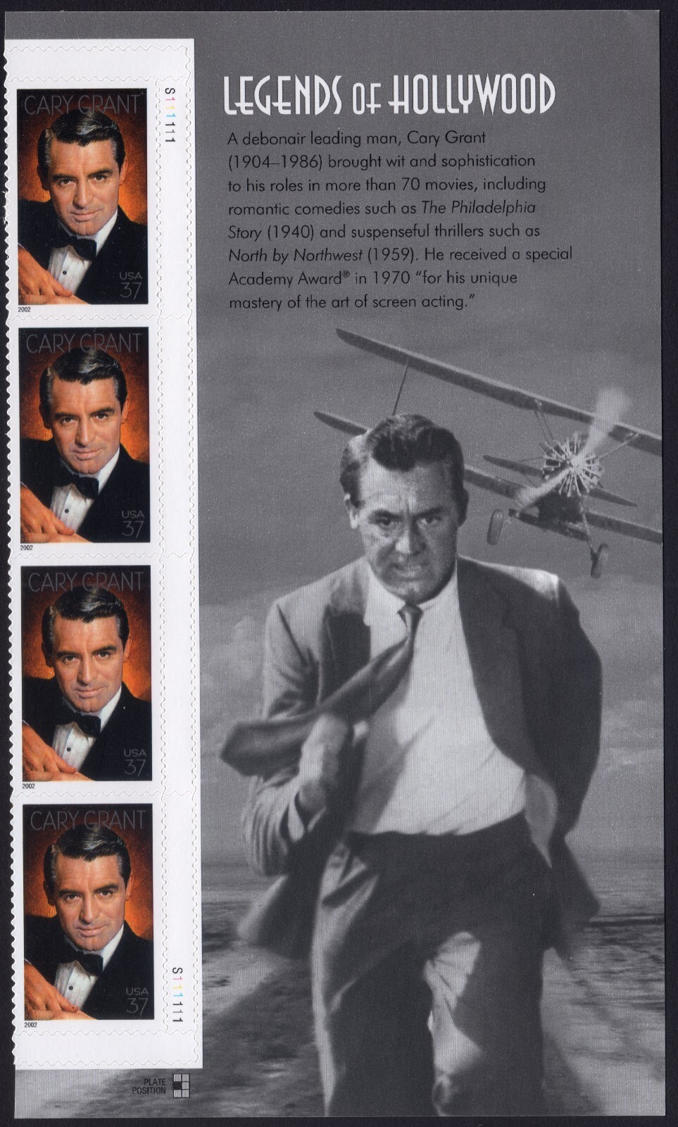 Scott #3692 Cary Grant (Legends of Hollywood) Title Plate Block of 4 Stamps MNH
