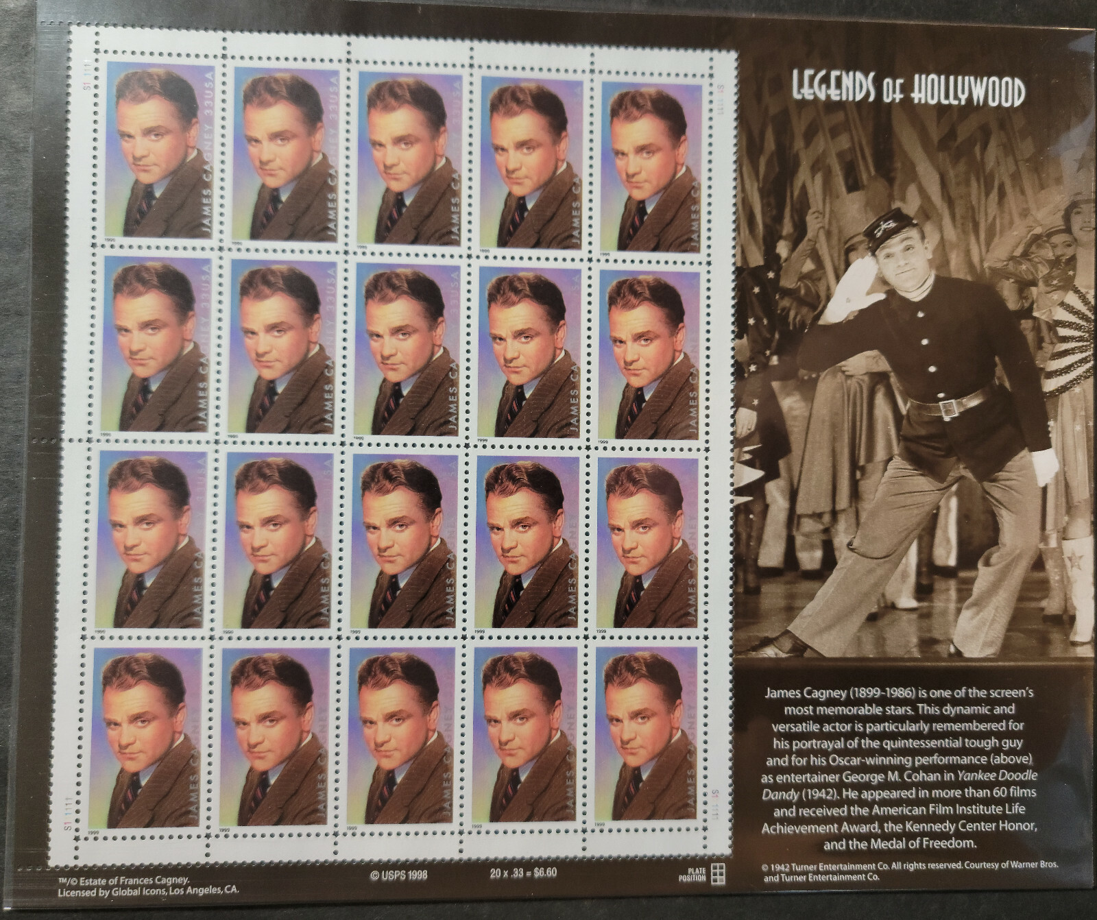 Scott #3329 Legends of Hollywood James Cagney Sheet of 20 Stamps - MNH