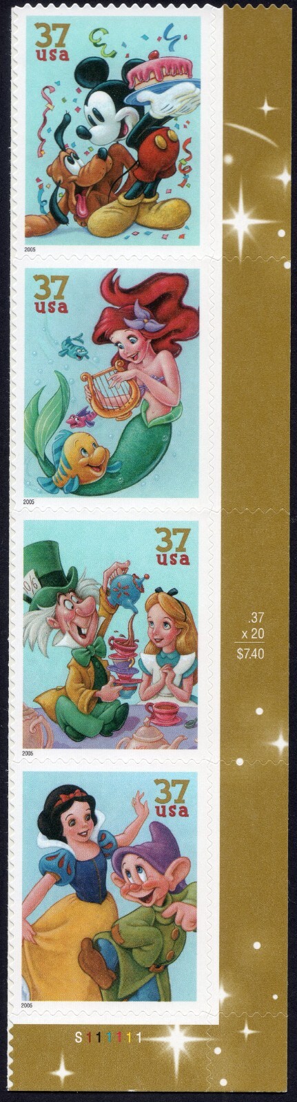 Scott #3915a Disney Celebration Vertical Strip of 4 Stamps w/Plate # - MNH