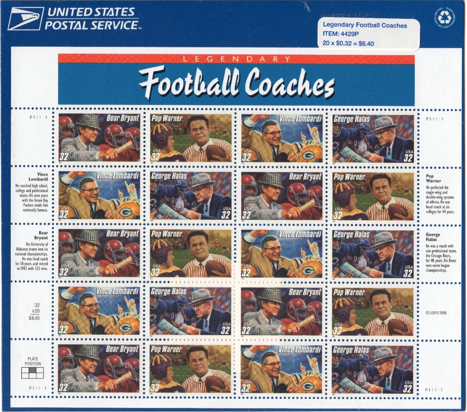 Scott #3146a Football Coaches (Bear Bryant) Sheet of 20 Stamps - Sealed Blue