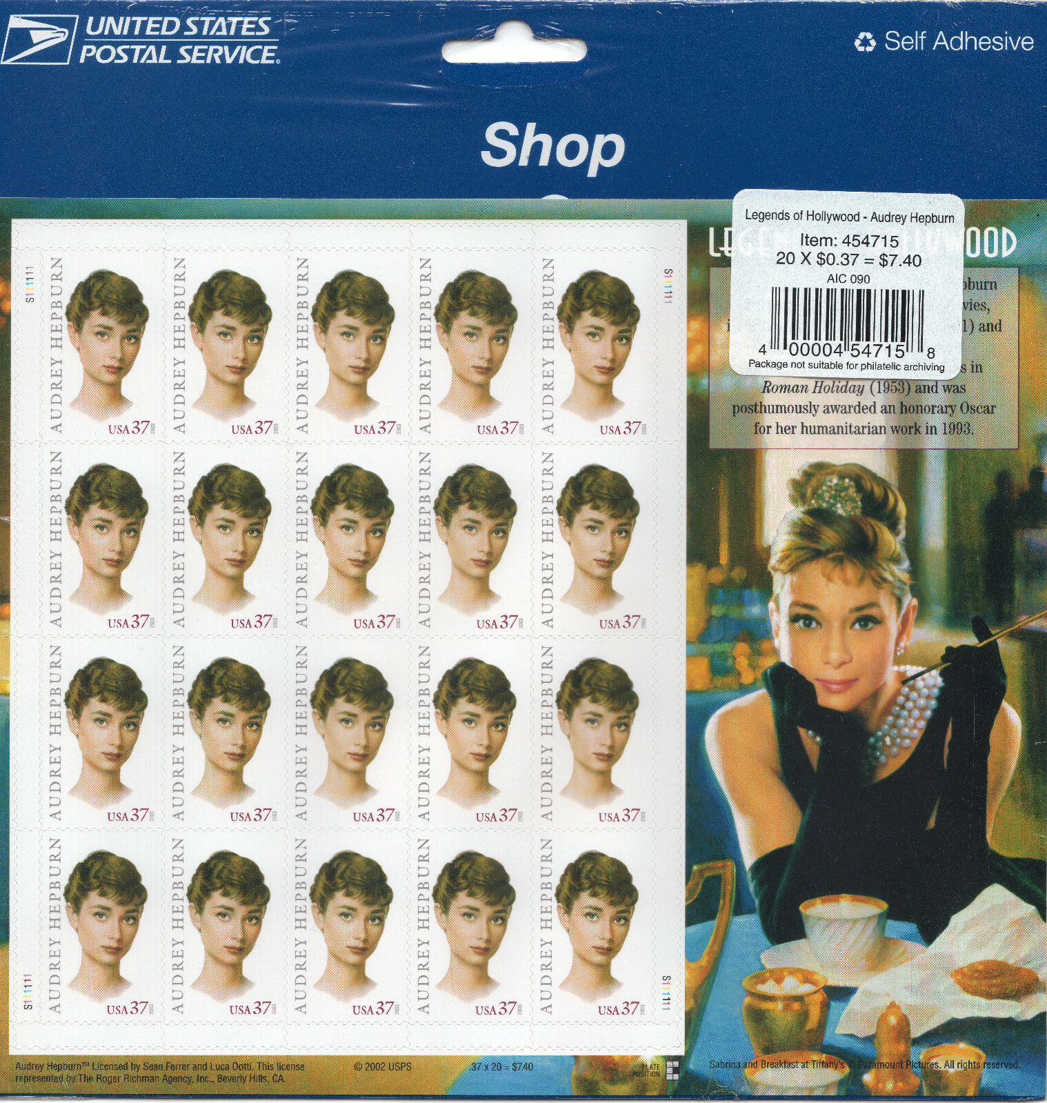 Scott #3786 Audrey Hepburn Sheet of 20 Stamps - Sealed Blue #1