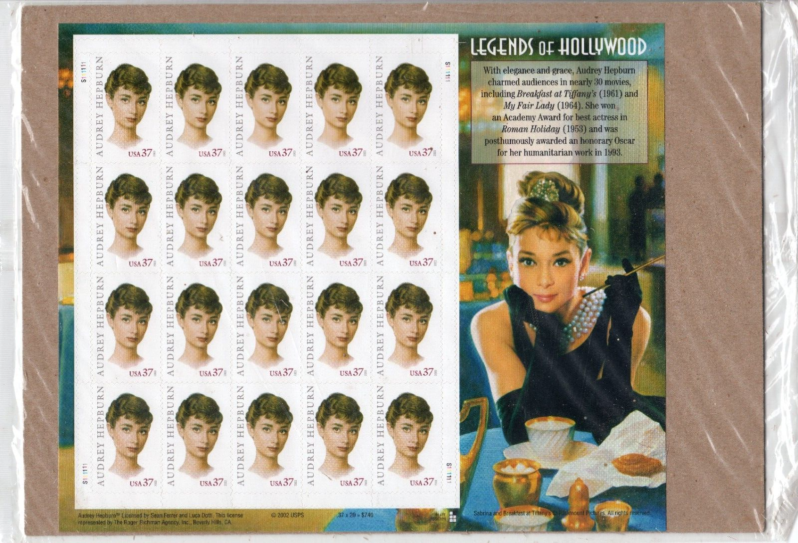 Scott #3786 Audrey Hepburn Sheet of 20 Stamps - Sealed Brown