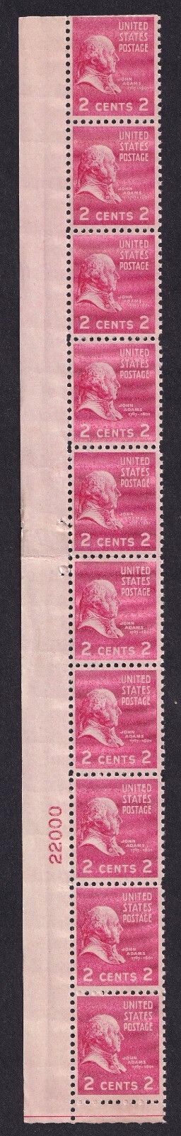 Scott #806 John Adams Vertical Margin Plate Block of 10 Stamps - MNH P#22000