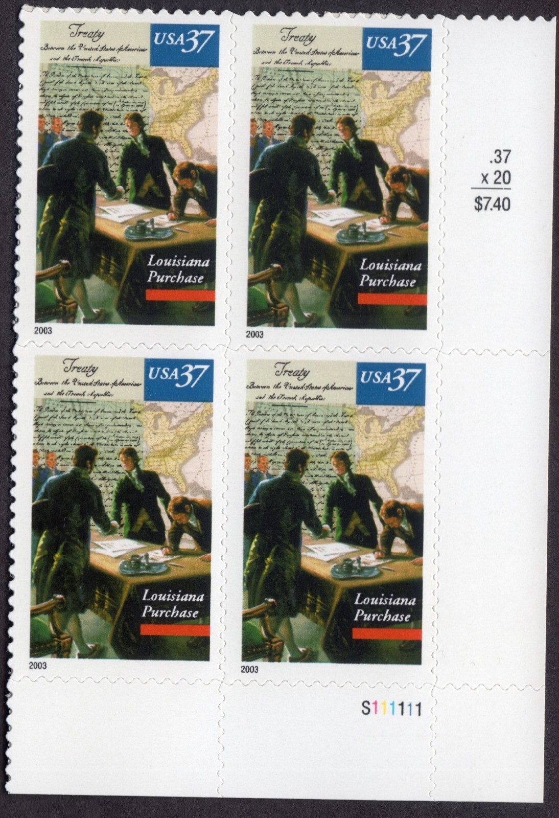 Scott #3782 Louisiana Purchase Plate Block of 4 Stamps - MNH