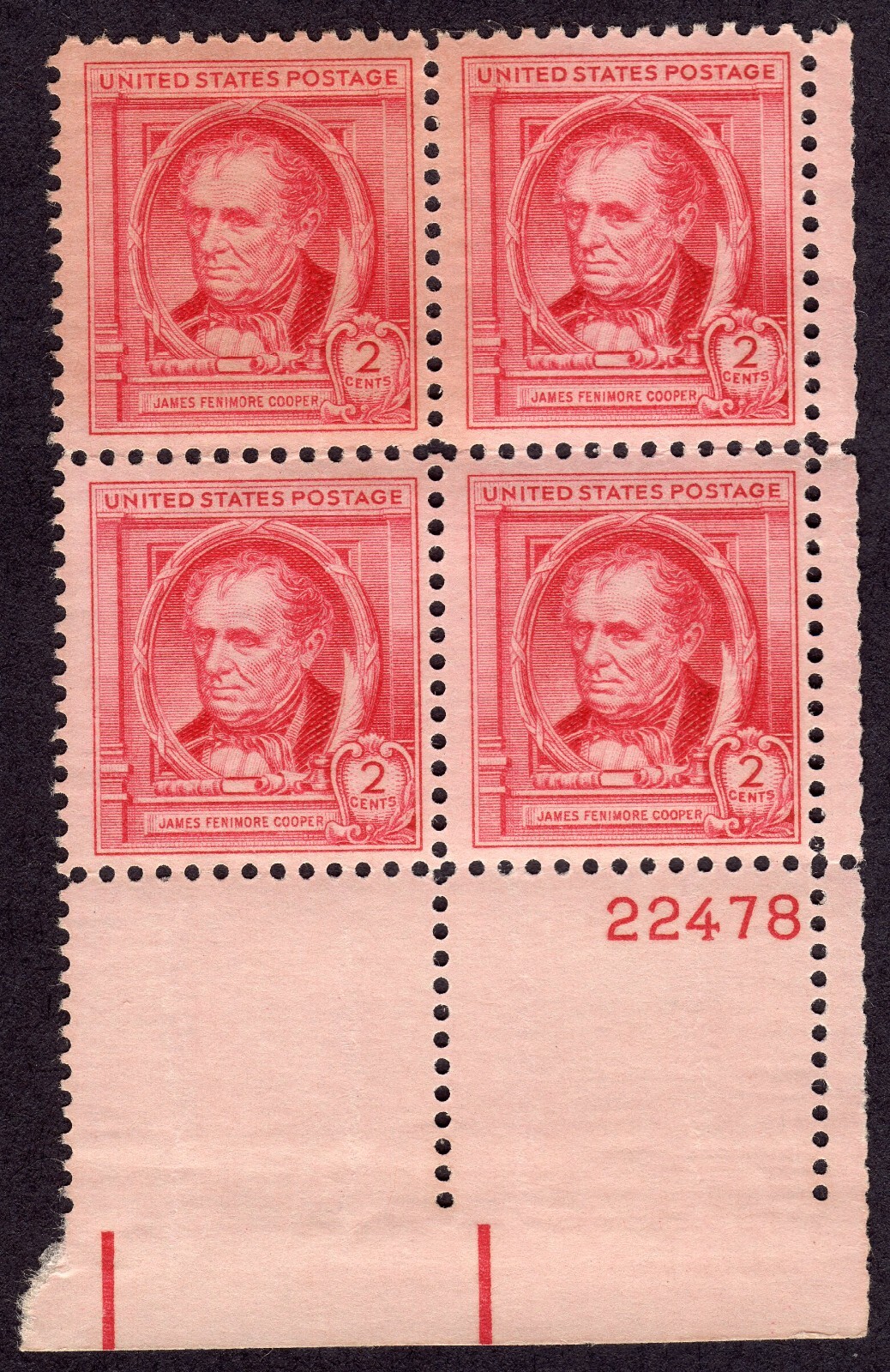Scott #860 James Fenimore Cooper Plate Block of 4 Stamps - MNH P#22478 #1