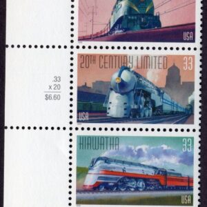 Scott #3337a (3333-37) All Aboard Trains Plate Strip of 5 Stamps - MNH Left