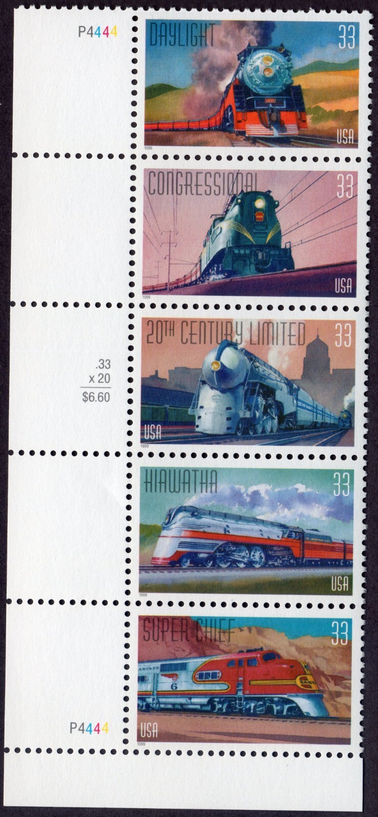 Scott #3337a (3333-37) All Aboard Trains Plate Strip of 5 Stamps - MNH Left