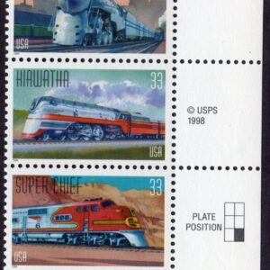 Scott #3337a (3333-37) All Aboard Trains Plate Strip of 5 Stamps - MNH Right