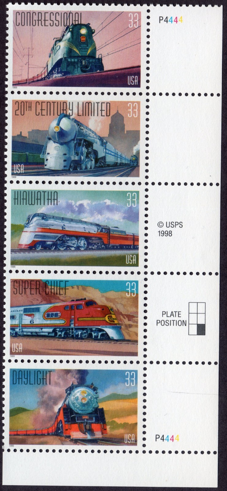 Scott #3337a (3333-37) All Aboard Trains Plate Strip of 5 Stamps - MNH Right