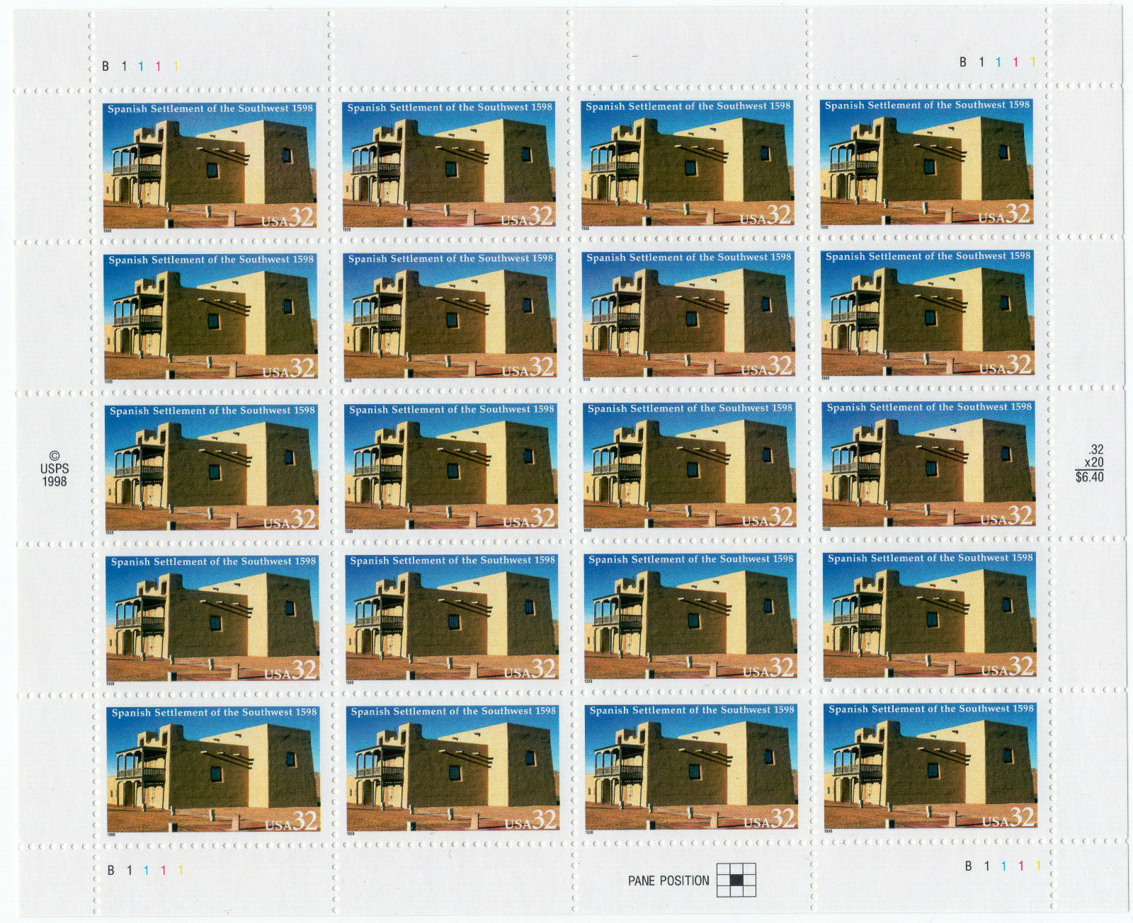 Scott #3220 Spanish Settlement of the Southwest Full Sheet of 20 Stamps - MNH