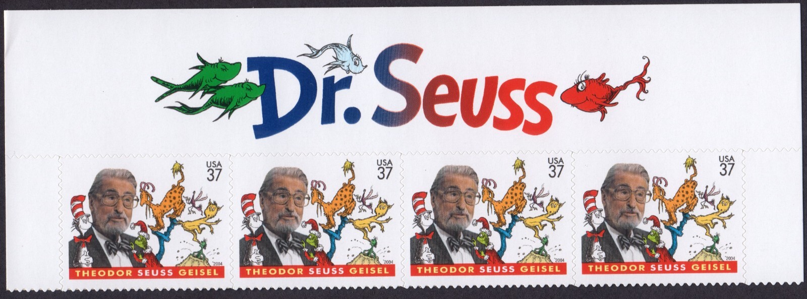 Scott #3835 Dr. Seuss (Cat In the Hat) Title Block of 4 Stamps - MNH