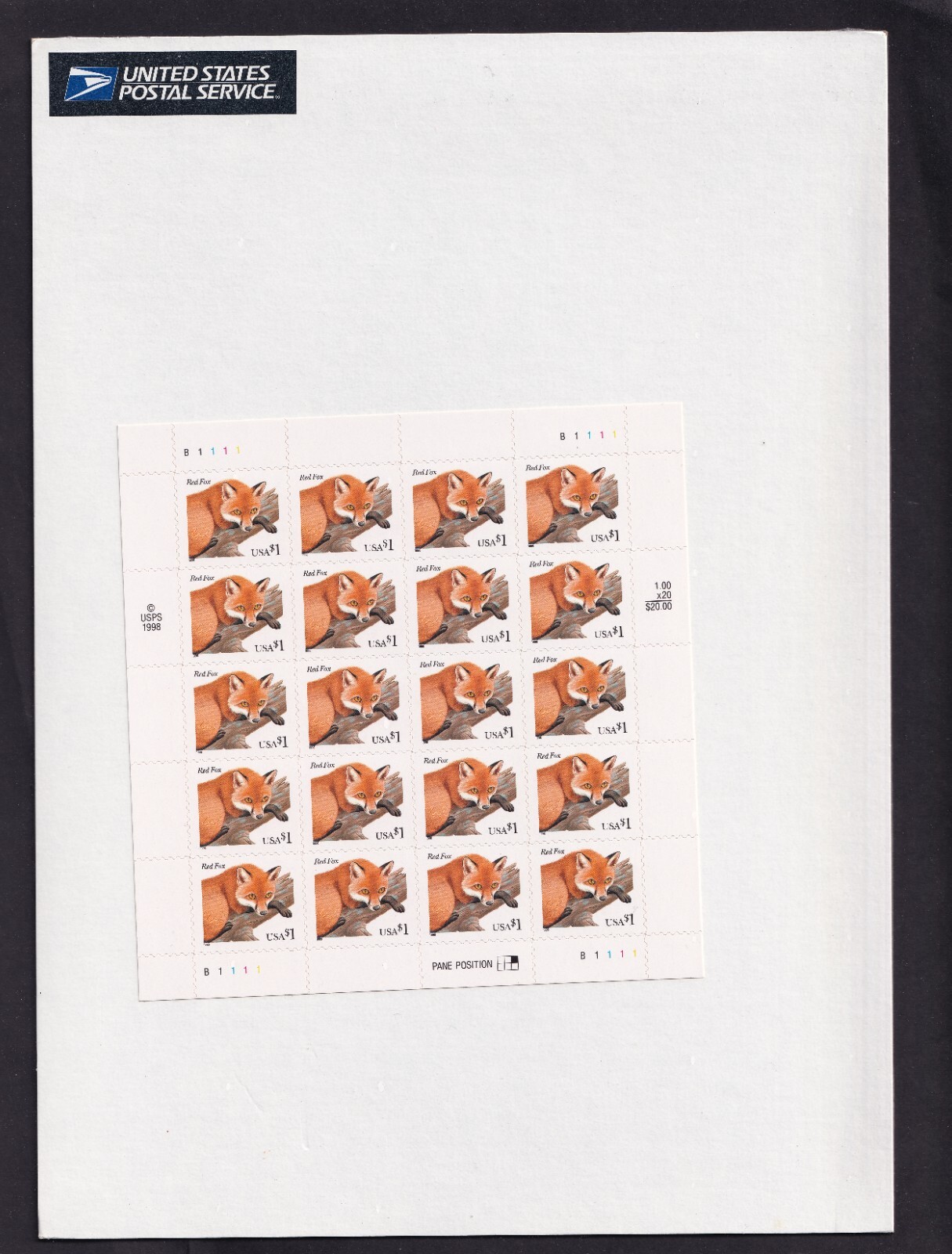 Scott #3036 Red Fox Full Sheet of 20 Stamps - Sealed
