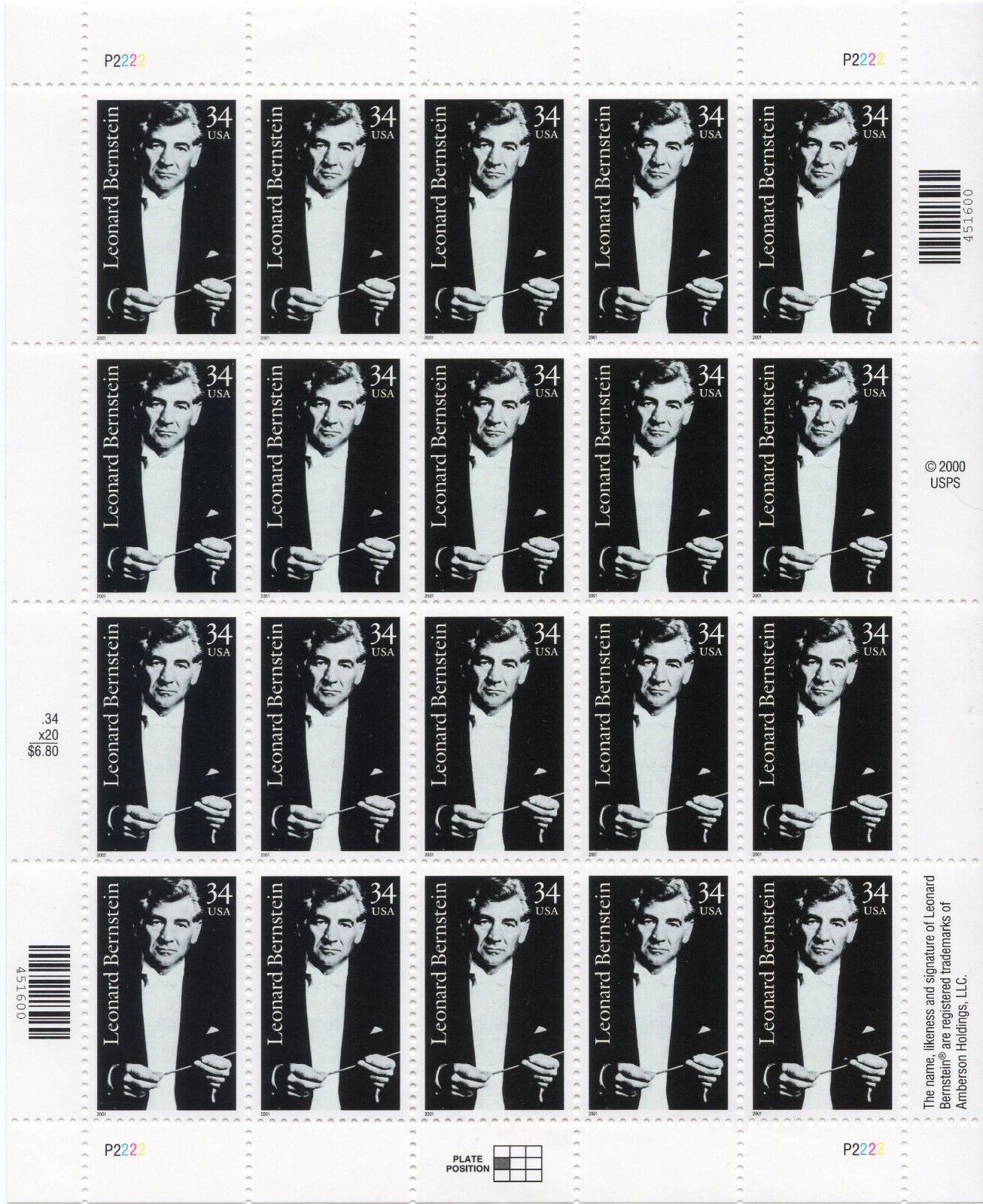Scott #3521 Leonard Bernstein Full Sheet of 20 Stamps - MNH