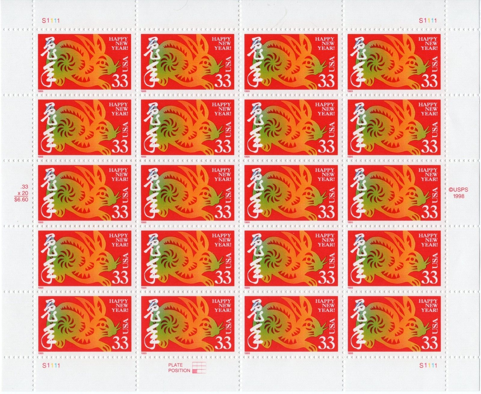 Scott #3272 Chinese New Year (Lunar, Hare) Full Sheet of 20 Stamps - MNH