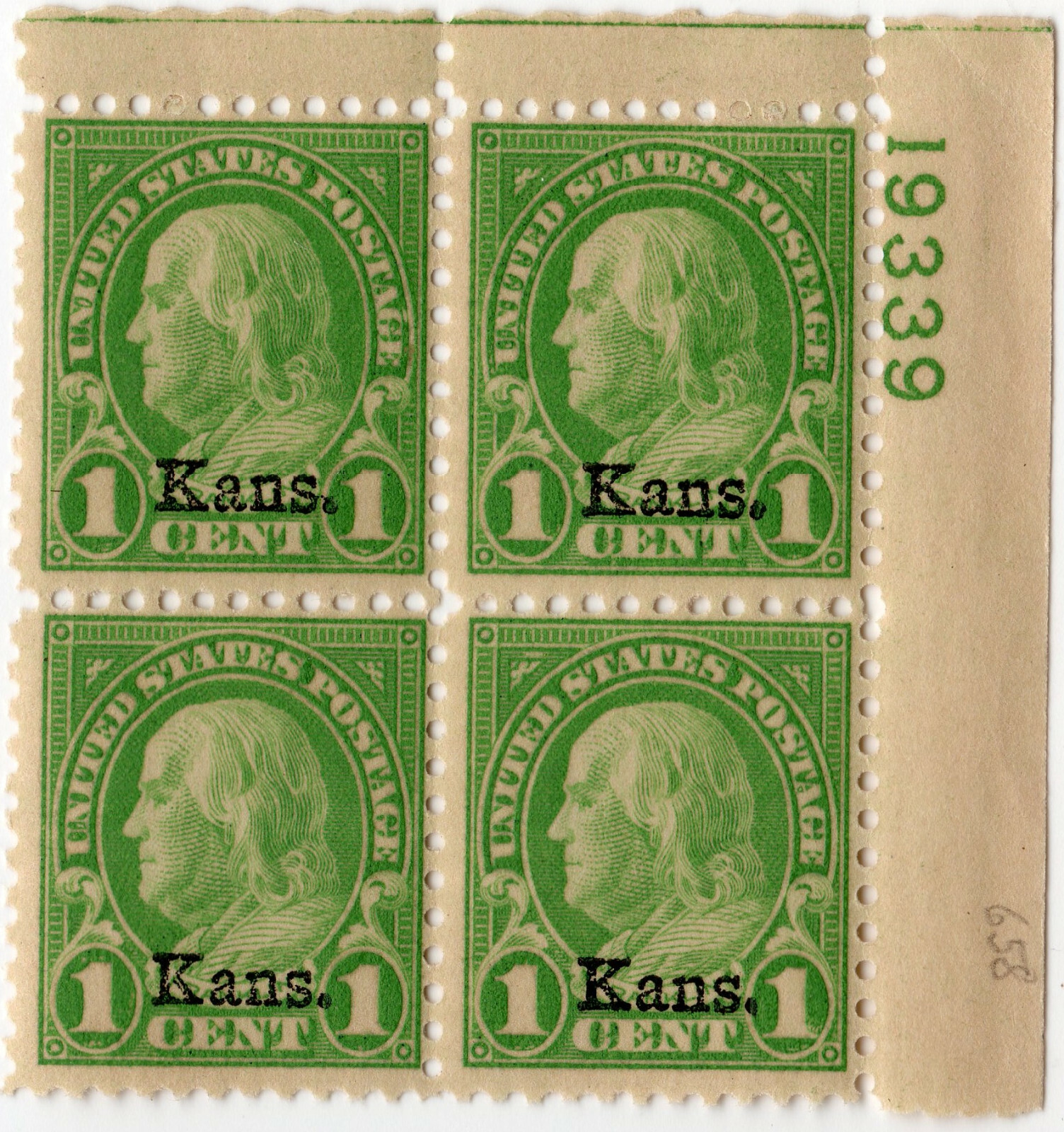 Scott #658 Ben Franklin Kansas Overprint Plate Block of 4 Stamps - MNH P#19339