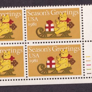 Scott #1940 Teddy Bear on Sleigh Plate Block of 4 Stamps - MNH P#11111 LR