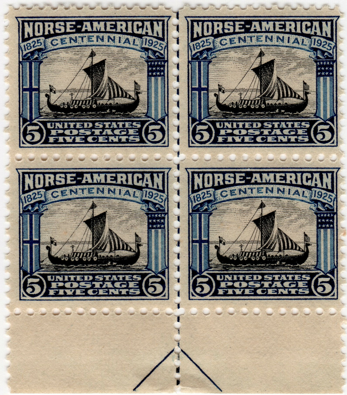 Scott #621 Norse-American Centennial (Vikings) Center Line Block of 4 Stamps
