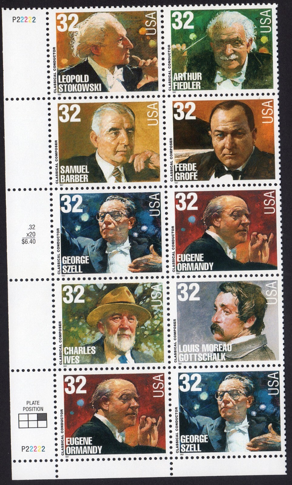 Scott #3165a Classical Composers & Conductors Plate Block of 10 Stamps - MNH LL