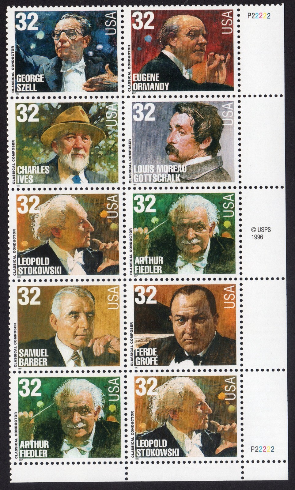 Scott #3165a Classical Composers & Conductors Plate Block of 10 Stamps - MNH LR